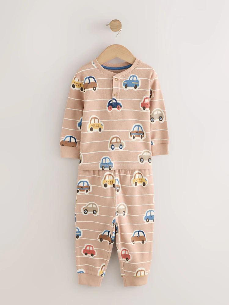 |Boy| Kit com 3 Pijamas "Transport" (Cru/Azul/Bege) – Modelo Snuggle (9 meses a 8 anos)