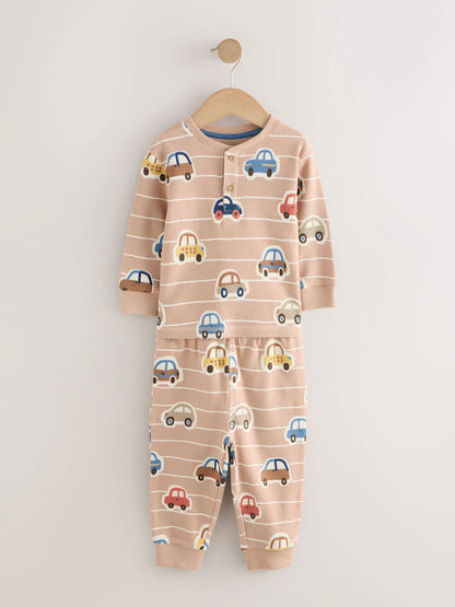 |Boy| Kit com 3 Pijamas "Transport" (Cru/Azul/Bege) – Modelo Snuggle (9 meses a 8 anos)