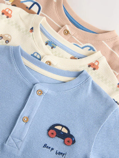 |Boy| Kit com 3 Pijamas "Transport" (Cru/Azul/Bege) – Modelo Snuggle (9 meses a 8 anos)