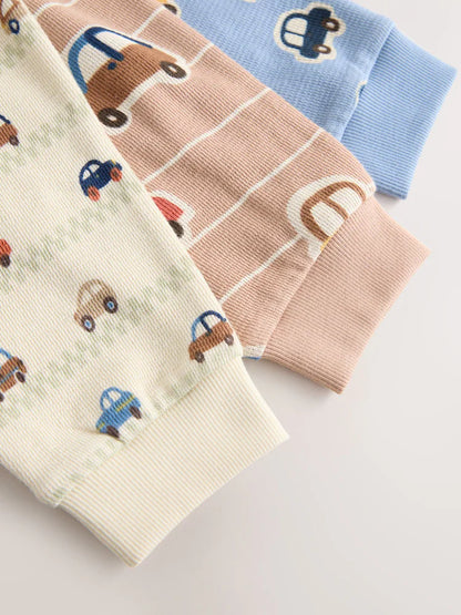 |Boy| Kit com 3 Pijamas "Transport" (Cru/Azul/Bege) – Modelo Snuggle (9 meses a 8 anos)