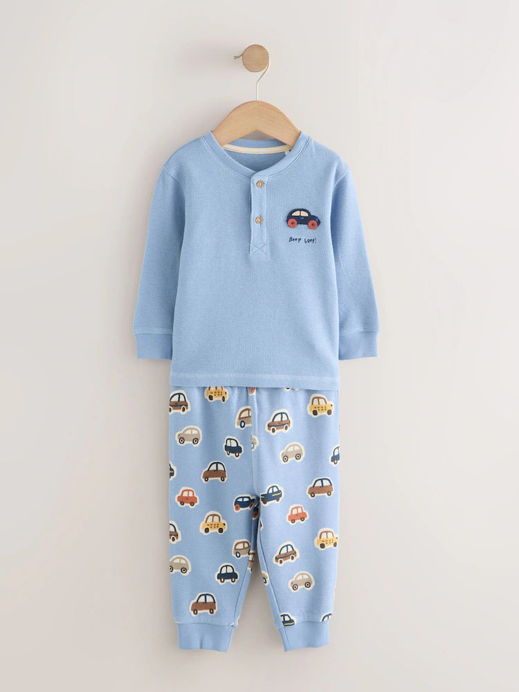 |Boy| Kit com 3 Pijamas "Transport" (Cru/Azul/Bege) – Modelo Snuggle (9 meses a 8 anos)
