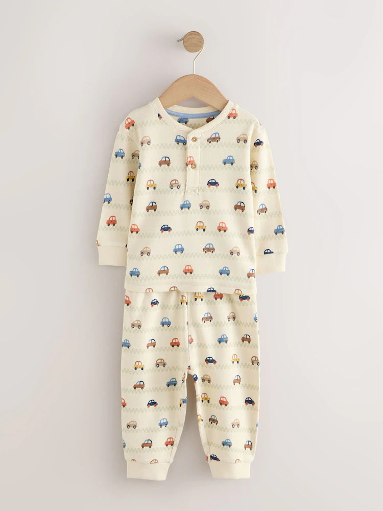 |Boy| Kit com 3 Pijamas "Transport" (Cru/Azul/Bege) – Modelo Snuggle (9 meses a 8 anos)