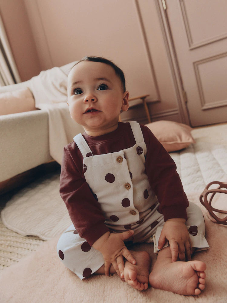 |BabyGirl| Conjunto De 2 Peças: Body De Manga Longa Com Estampa De Bolinhas (marrom/creme) e jardineira de tecido