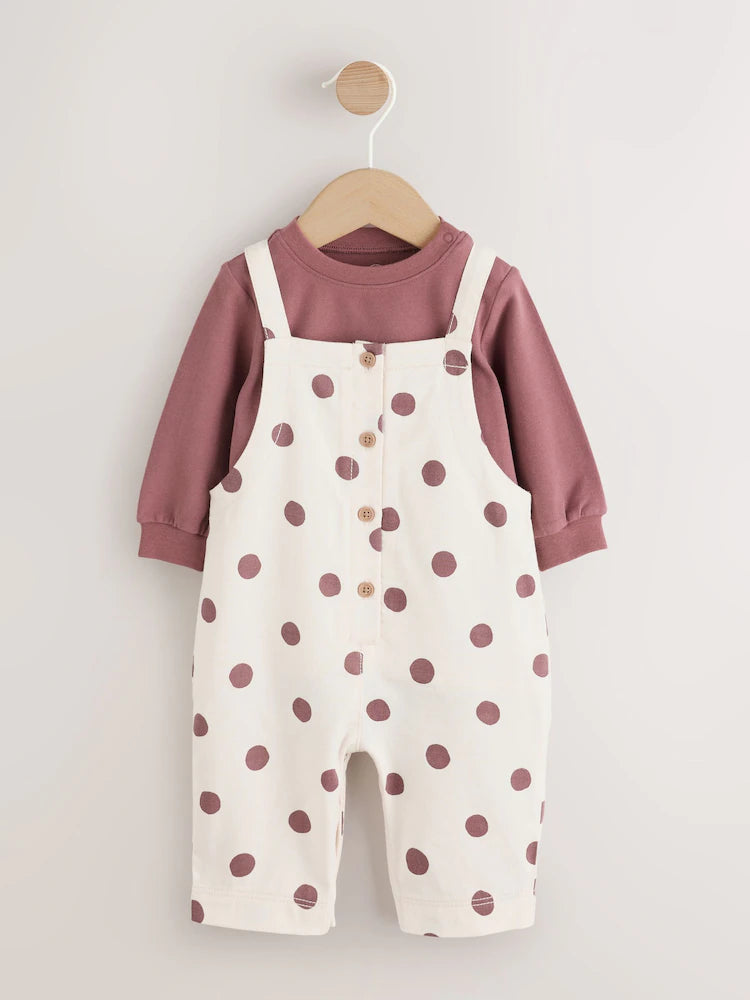 |BabyGirl| Conjunto De 2 Peças: Body De Manga Longa Com Estampa De Bolinhas (marrom/creme) e jardineira de tecido