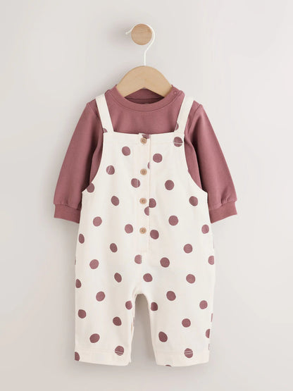 |BabyGirl| Conjunto De 2 Peças: Body De Manga Longa Com Estampa De Bolinhas (marrom/creme) e jardineira de tecido