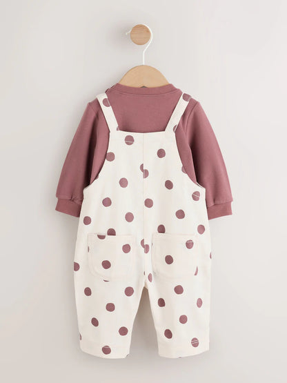 |BabyGirl| Conjunto De 2 Peças: Body De Manga Longa Com Estampa De Bolinhas (marrom/creme) e jardineira de tecido