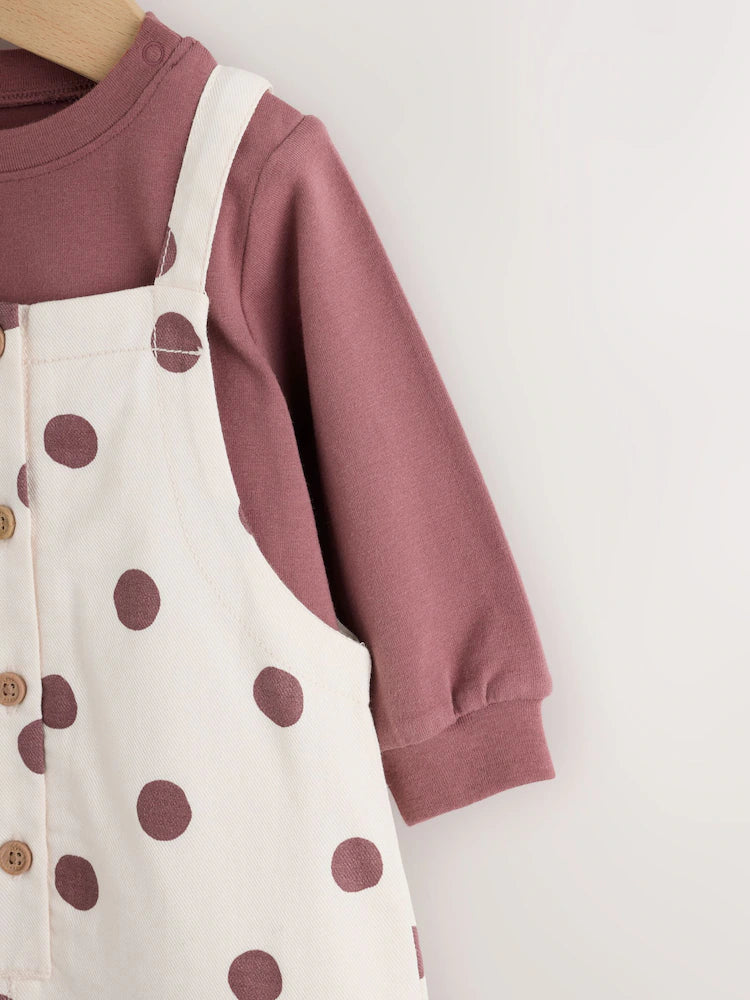 |BabyGirl| Conjunto De 2 Peças: Body De Manga Longa Com Estampa De Bolinhas (marrom/creme) e jardineira de tecido