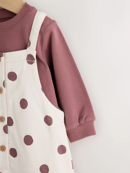 |BabyGirl| Conjunto De 2 Peças: Body De Manga Longa Com Estampa De Bolinhas (marrom/creme) e jardineira de tecido