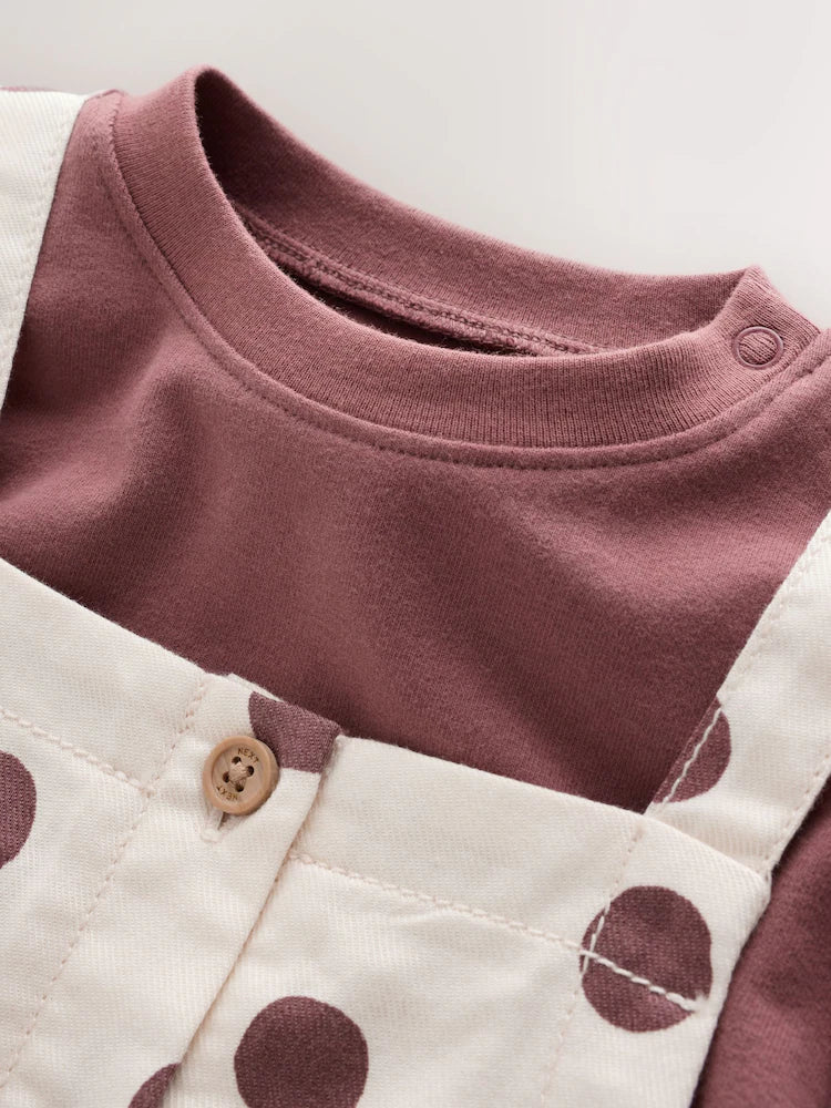 |BabyGirl| Conjunto De 2 Peças: Body De Manga Longa Com Estampa De Bolinhas (marrom/creme) e jardineira de tecido