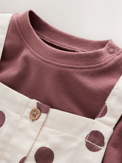 |BabyGirl| Conjunto De 2 Peças: Body De Manga Longa Com Estampa De Bolinhas (marrom/creme) e jardineira de tecido