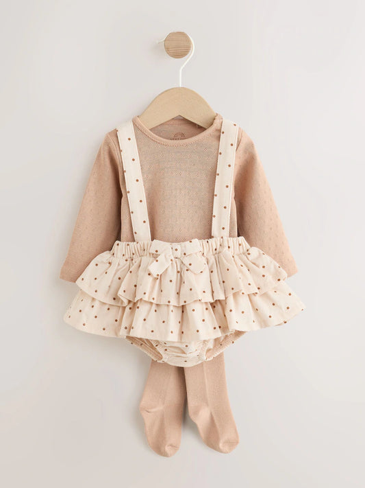|BabyGirl| Conjunto De 3 Peças: Body De Manga Longa Com Estampa De Bolinhas (cru/marrom), saia bufante e meia-calça