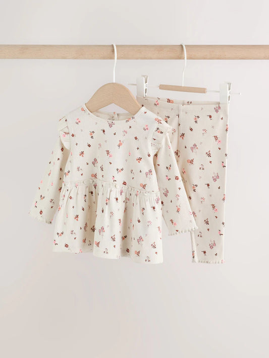 |BabyGirl| Conjunto De Bebê: Blusa Peplum Floral Cru e Legging (0 meses a 2 anos)