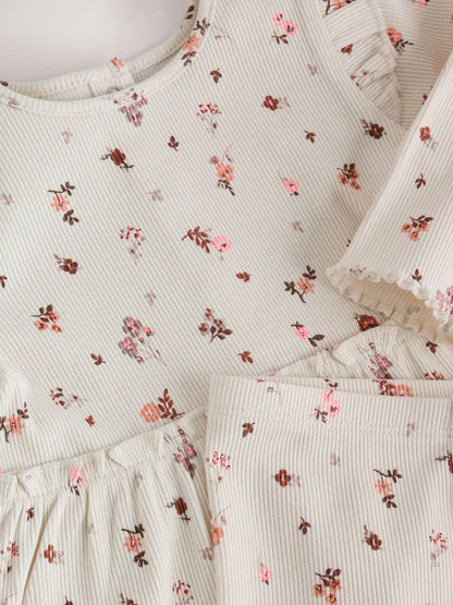 |BabyGirl| Conjunto De Bebê: Blusa Peplum Floral Cru e Legging (0 meses a 2 anos)
