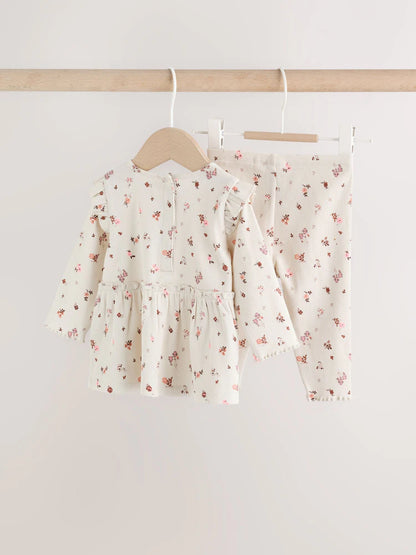 |BabyGirl| Conjunto De Bebê: Blusa Peplum Floral Cru e Legging (0 meses a 2 anos)