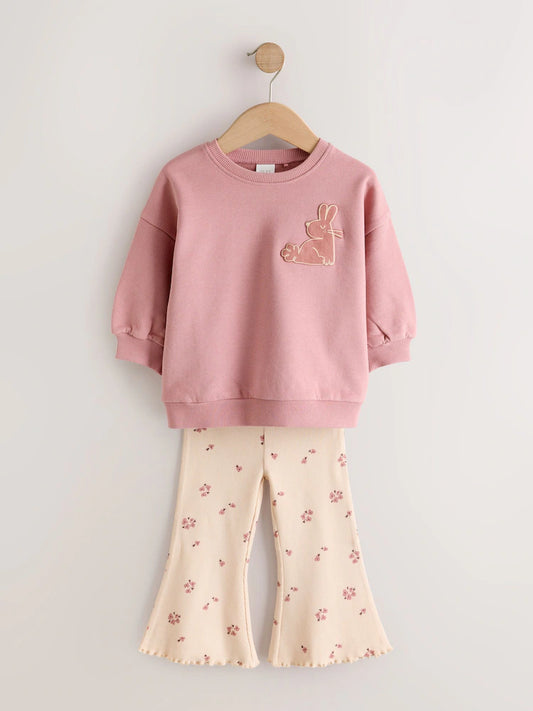 |Girl| Conjunto De Moletom e Legging Flare Rosa com Estampa Floral Delicada (3 meses a 7 anos)