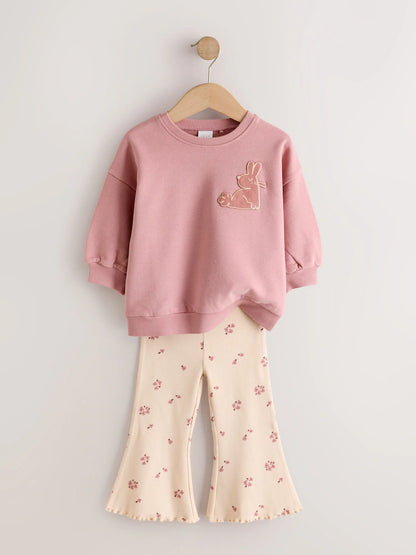|Girl| Conjunto De Moletom e Legging Flare Rosa com Estampa Floral Delicada (3 meses a 7 anos)