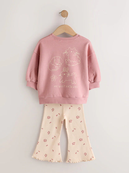 |Girl| Conjunto De Moletom e Legging Flare Rosa com Estampa Floral Delicada (3 meses a 7 anos)