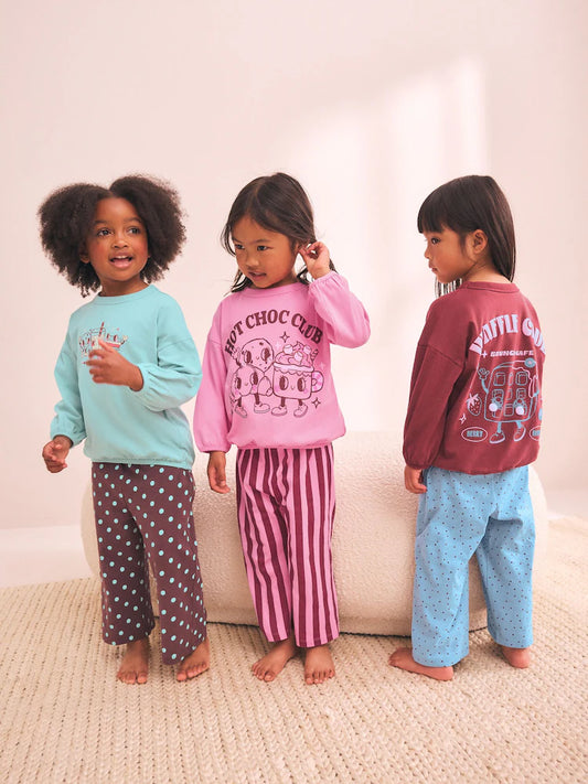 |Girl| Kit com 3 Pijamas Wide Leg com Estampa (Rosa/Marrom) – 9 meses a 10 anos