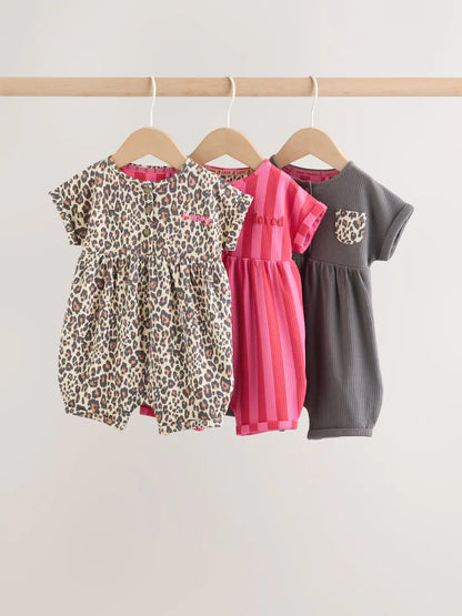 |BabyGirl| Conjunto Com 3 Macacões De Bebê Em Malha Com Estampa De Leopardo e Rosa, Com Botões