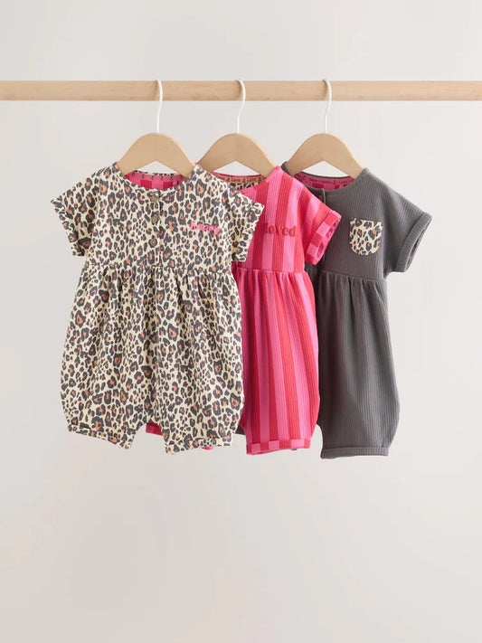 |BabyGirl| Conjunto Com 3 Macacões De Bebê Em Malha Com Estampa De Leopardo e Rosa, Com Botões