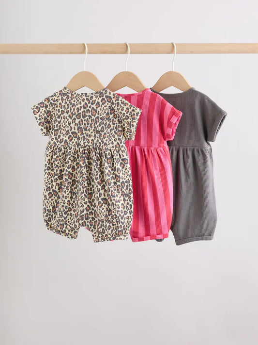 |BabyGirl| Conjunto Com 3 Macacões De Bebê Em Malha Com Estampa De Leopardo e Rosa, Com Botões