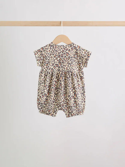 |BabyGirl| Conjunto Com 3 Macacões De Bebê Em Malha Com Estampa De Leopardo e Rosa, Com Botões
