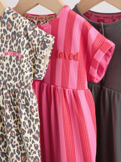 |BabyGirl| Conjunto Com 3 Macacões De Bebê Em Malha Com Estampa De Leopardo e Rosa, Com Botões