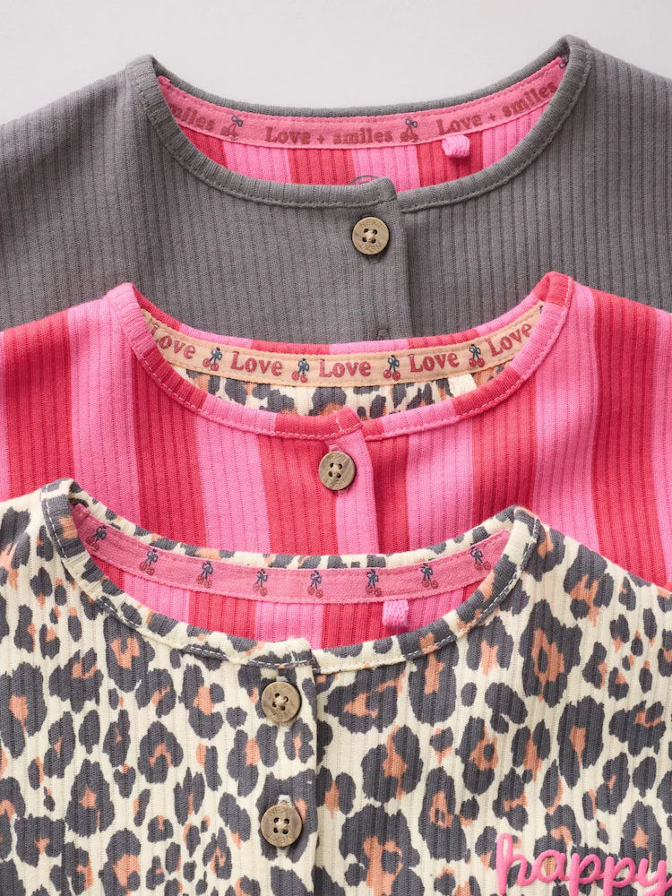 |BabyGirl| Conjunto Com 3 Macacões De Bebê Em Malha Com Estampa De Leopardo e Rosa, Com Botões