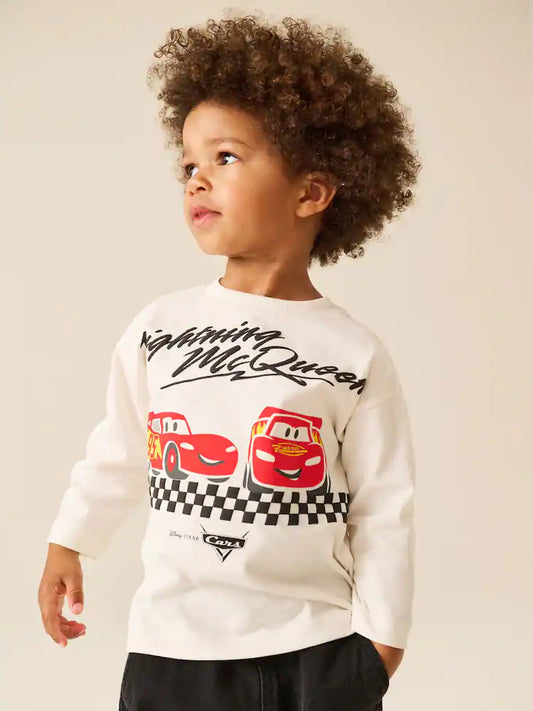 |Boy| Camiseta de Manga Longa com Estampa de Carros – Cor Cru (9 meses a 8 anos)