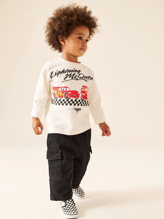 |Boy| Camiseta de Manga Longa com Estampa de Carros – Cor Cru (9 meses a 8 anos)