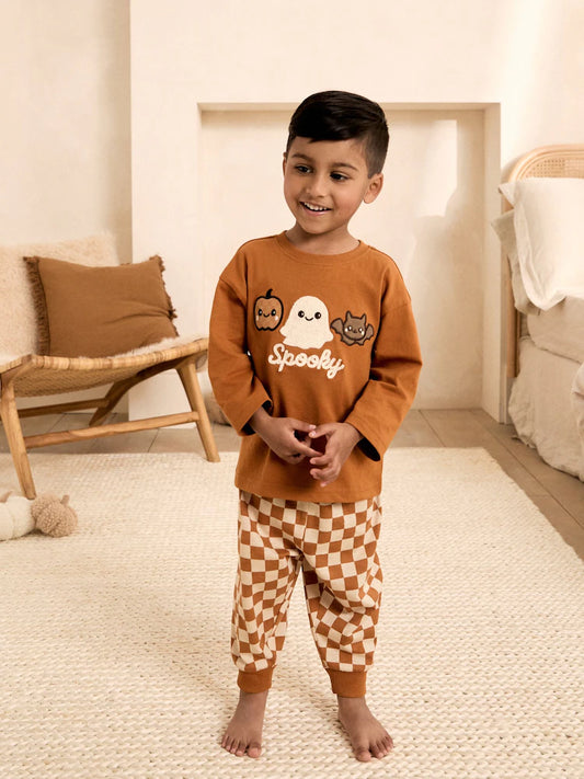 |Boy| Pijama de Halloween com Estampa de Xadrez Laranja (9 meses a 12 anos)