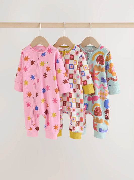 |BabyGirl| Kit Com 3 Macacões De Bebê "Bright Star" com Zíper Bidirecional (0 meses a 3 anos)