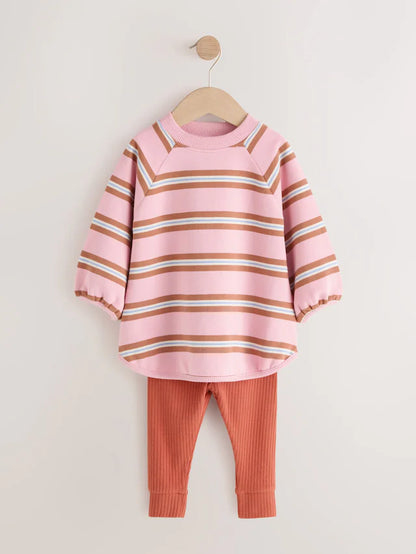 |Girl| Conjunto de Moletom e Legging com Listras Rosa e Creme (3 meses a 7 anos)