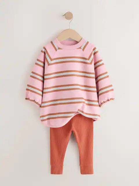 |Girl| Conjunto de Moletom e Legging com Listras Rosa e Creme (3 meses a 7 anos)