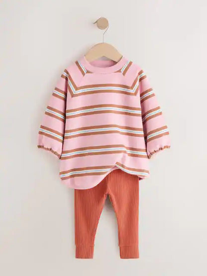 |Girl| Conjunto de Moletom e Legging com Listras Rosa e Creme (3 meses a 7 anos)