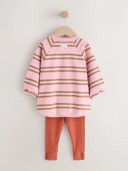 |Girl| Conjunto de Moletom e Legging com Listras Rosa e Creme (3 meses a 7 anos)