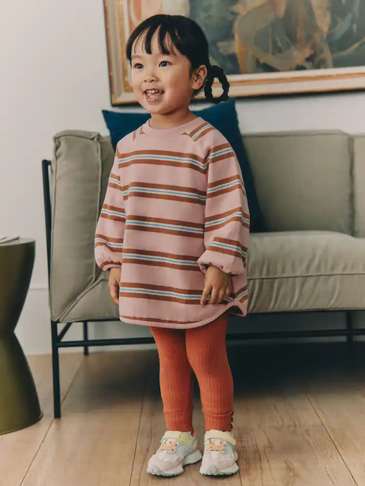 |Girl| Conjunto de Moletom e Legging com Listras Rosa e Creme (3 meses a 7 anos)
