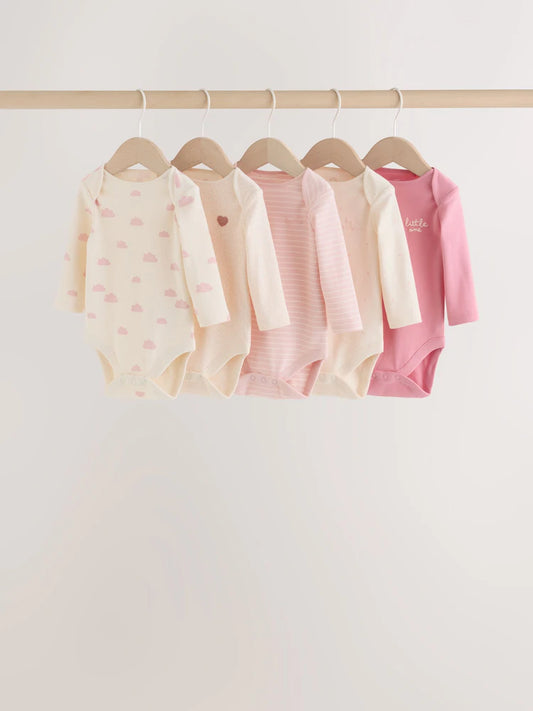 |BabyGirl| Kit com 5 Bodies de Manga Longa para Bebê – Cru/Rosa Nuvem