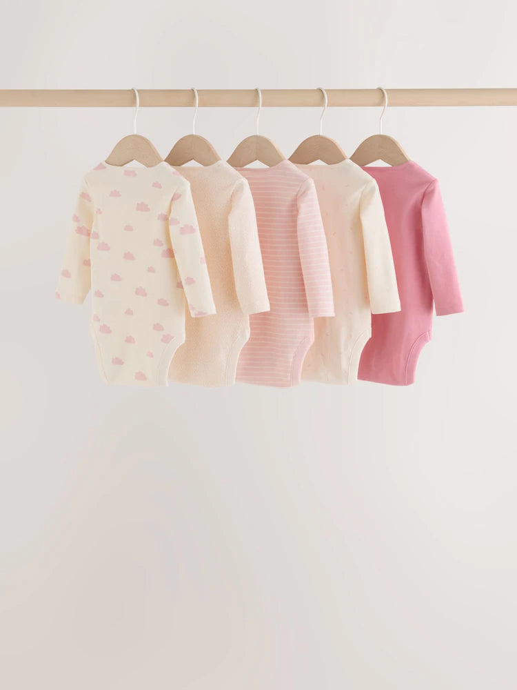 |BabyGirl| Kit com 5 Bodies de Manga Longa para Bebê – Cru/Rosa Nuvem