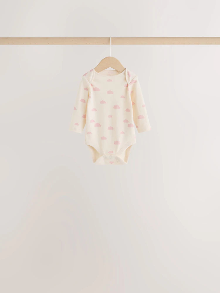 |BabyGirl| Kit com 5 Bodies de Manga Longa para Bebê – Cru/Rosa Nuvem