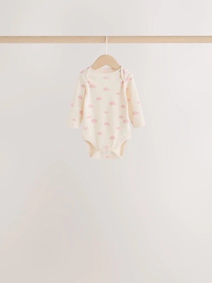 |BabyGirl| Kit com 5 Bodies de Manga Longa para Bebê – Cru/Rosa Nuvem