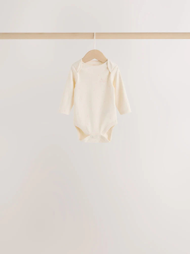 |BabyGirl| Kit com 5 Bodies de Manga Longa para Bebê – Cru/Rosa Nuvem