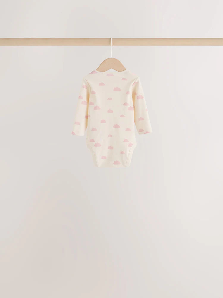 |BabyGirl| Kit com 5 Bodies de Manga Longa para Bebê – Cru/Rosa Nuvem