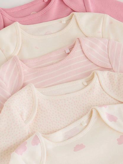 |BabyGirl| Kit com 5 Bodies de Manga Longa para Bebê – Cru/Rosa Nuvem