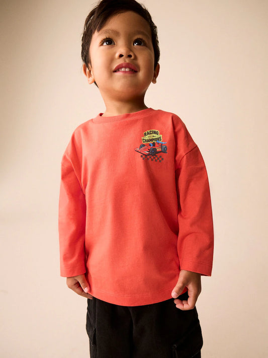 |Boy| Camiseta Vermelha de Manga Longa com Estampa nas Costas (Carro de Corrida) (3 meses a 7 anos)