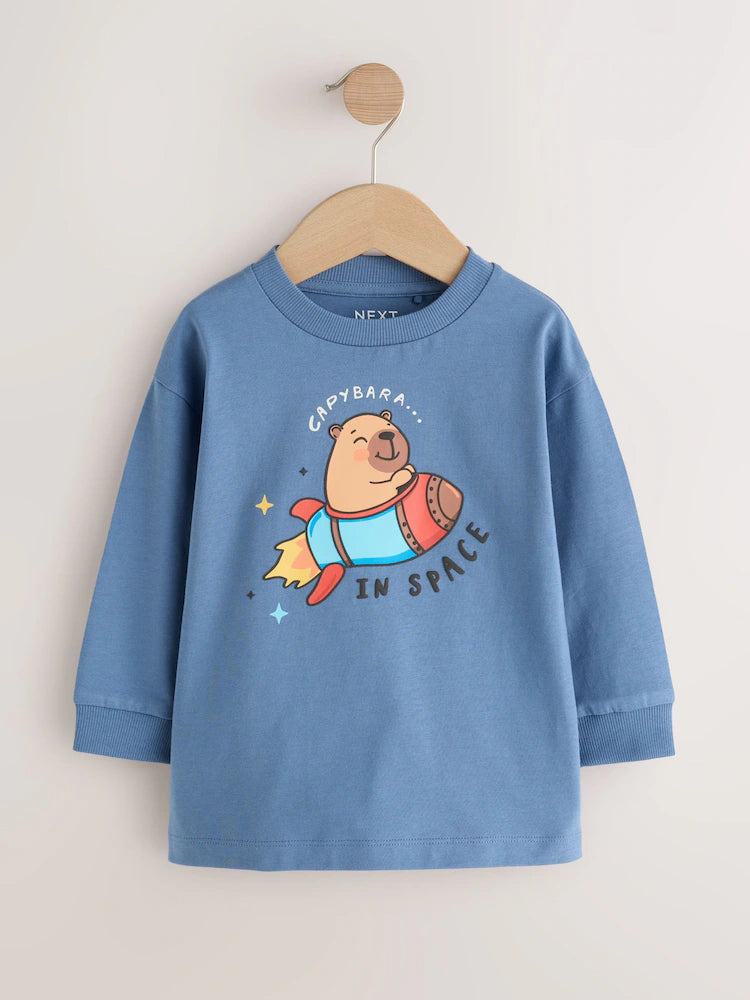 |Boy| Camiseta de Manga Longa com Estampa de Capivara Azul no Espaço (3 meses a 7 anos)