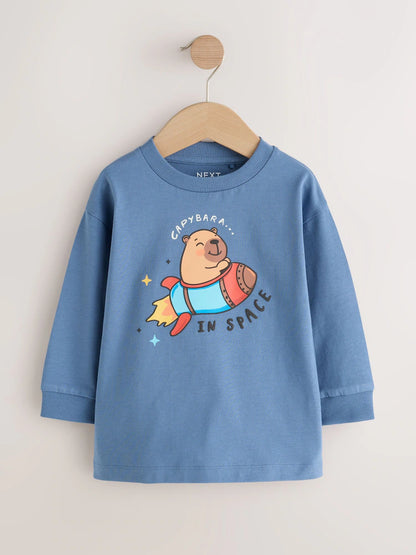 |Boy| Camiseta de Manga Longa com Estampa de Capivara Azul no Espaço (3 meses a 7 anos)