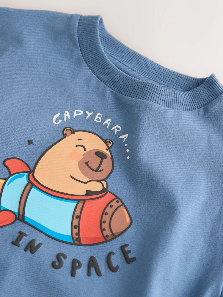 |Boy| Camiseta de Manga Longa com Estampa de Capivara Azul no Espaço (3 meses a 7 anos)