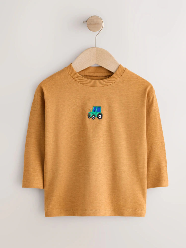 |Boy| Camiseta de Manga Longa com Bordado de Trator Amarelo (3 meses a 7 anos)