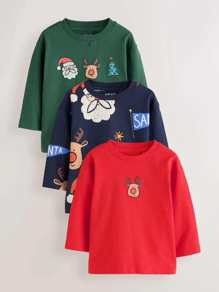 |Boy| Kit com 3 Camisetas de Natal de Manga Longa (Azul-marinho/Vermelho) – 3 meses a 7 anos
